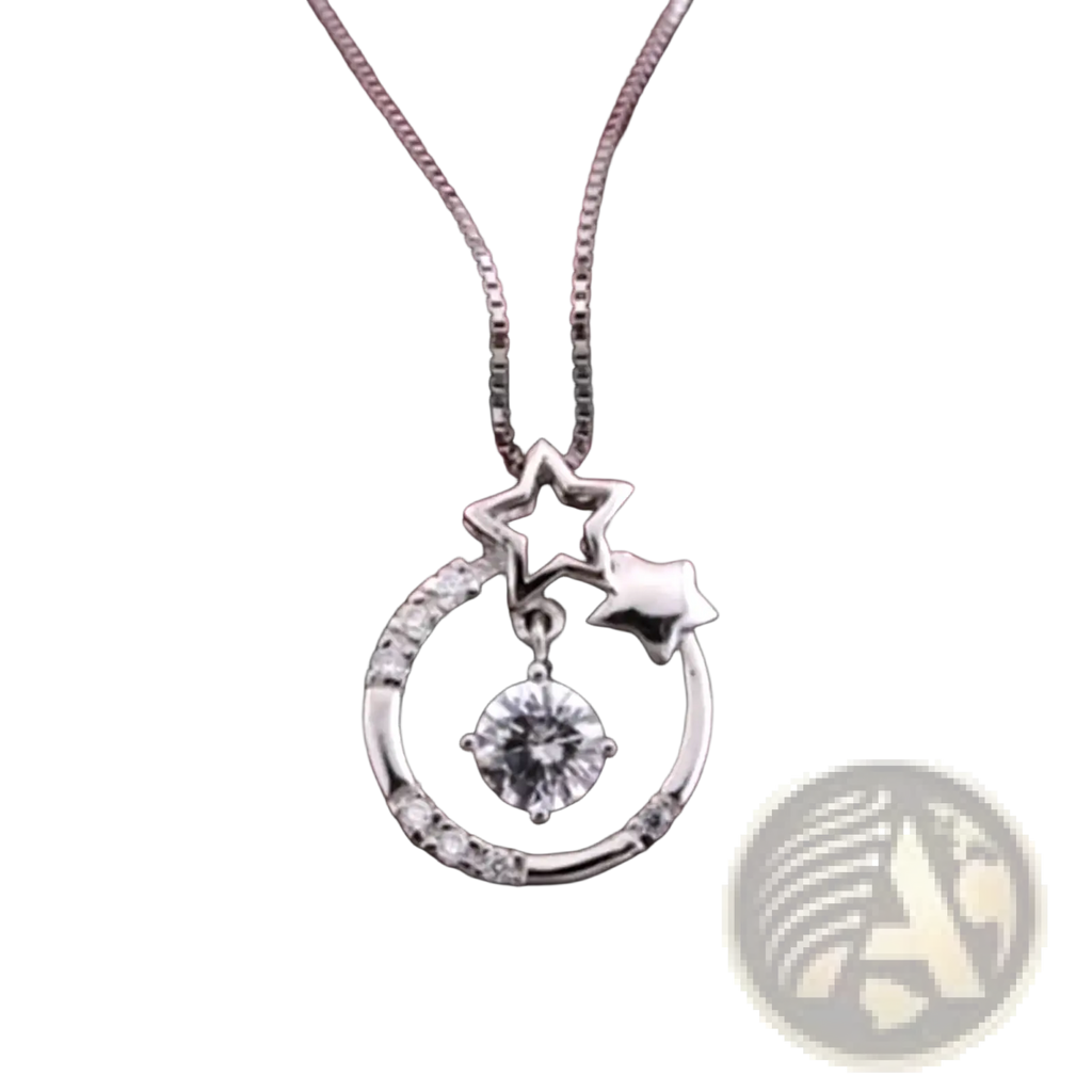 Sterling silver zircon pendant necklace for women featuring a silver star and circle frame with clear gemstones