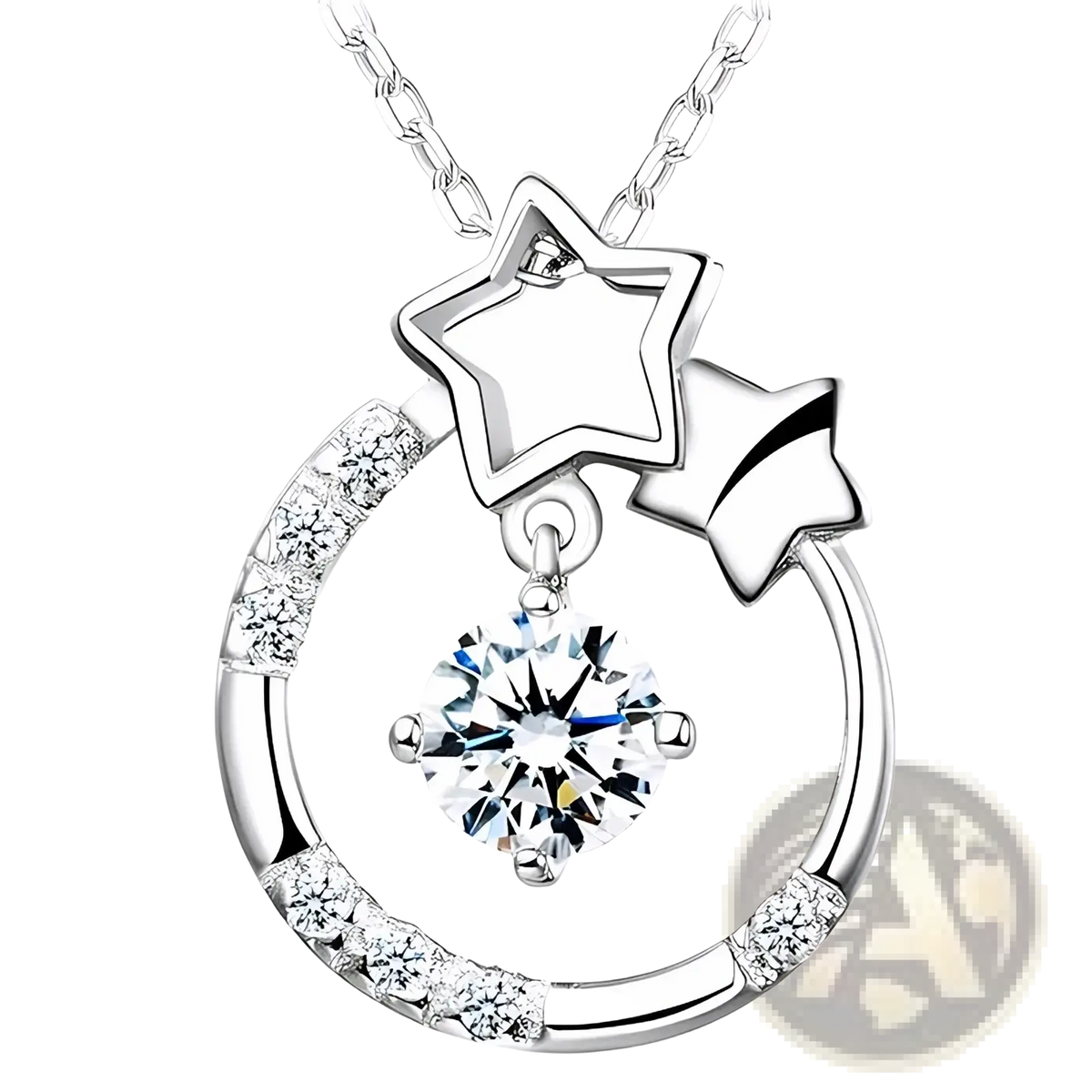 Sterling silver zircon pendant necklace with silver star and moon design featuring a central round-cut gemstone
