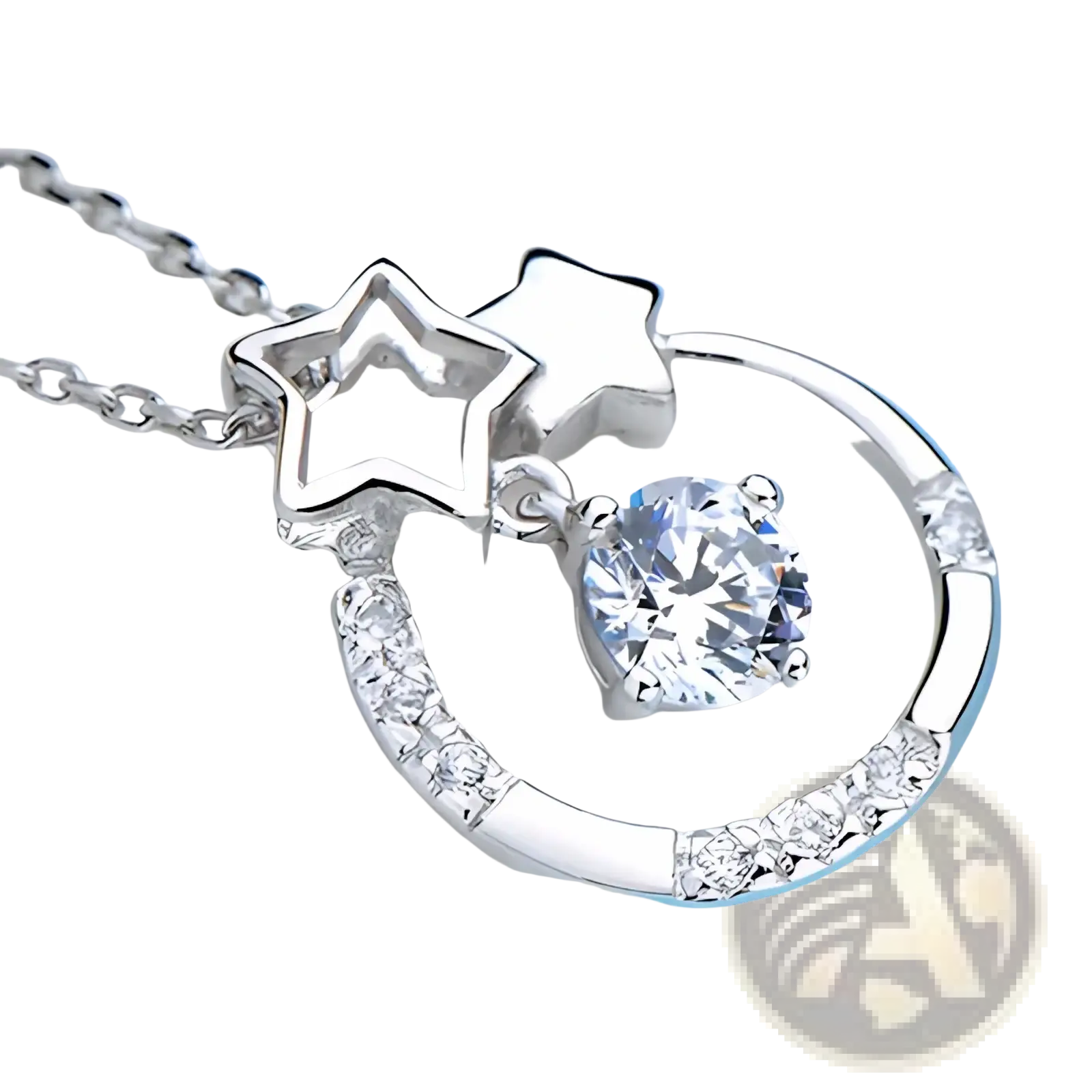 Sterling silver zircon pendant necklace for women with a polished silver star and moon design and central clear gemstone