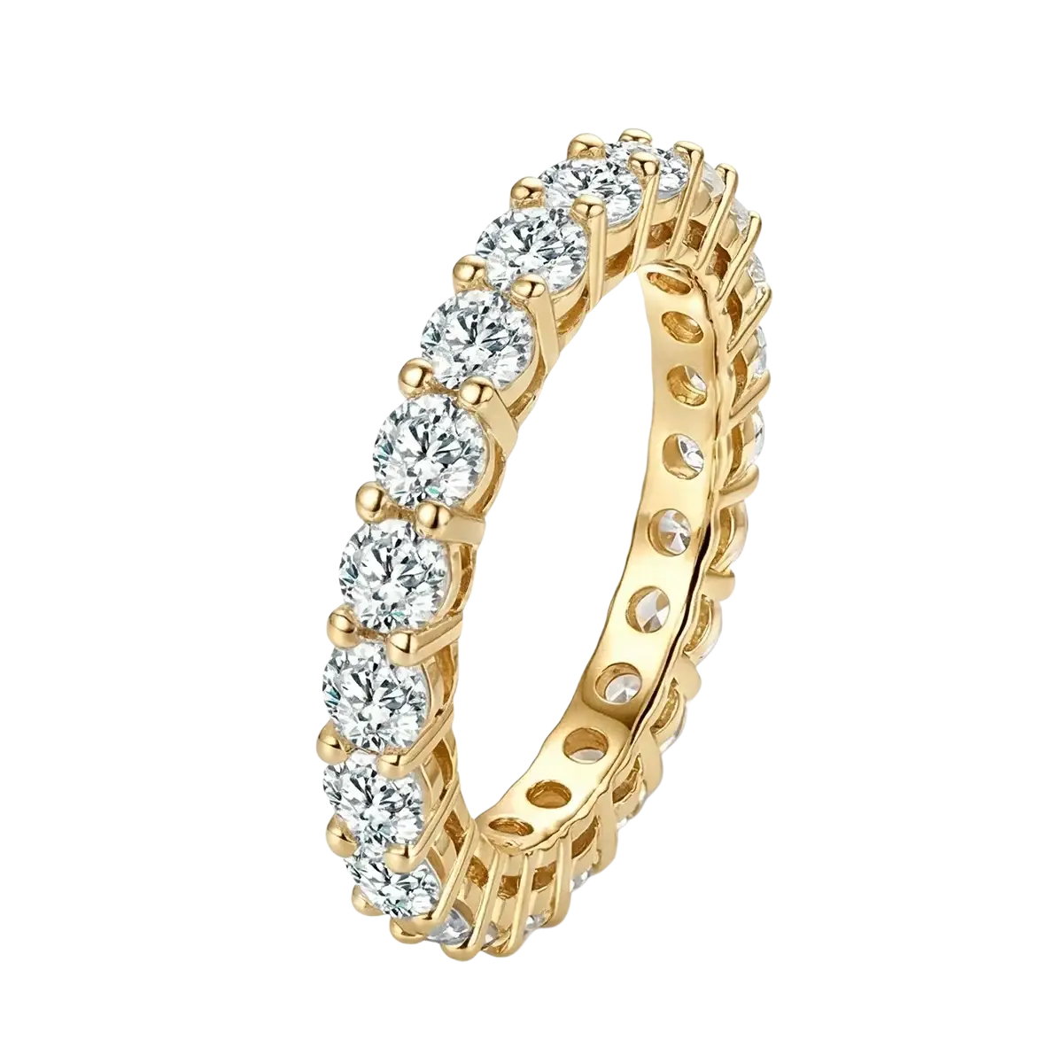 A gold eternity band ring with continuous round-cut diamonds in prongs for women sterling silver zircon ring
