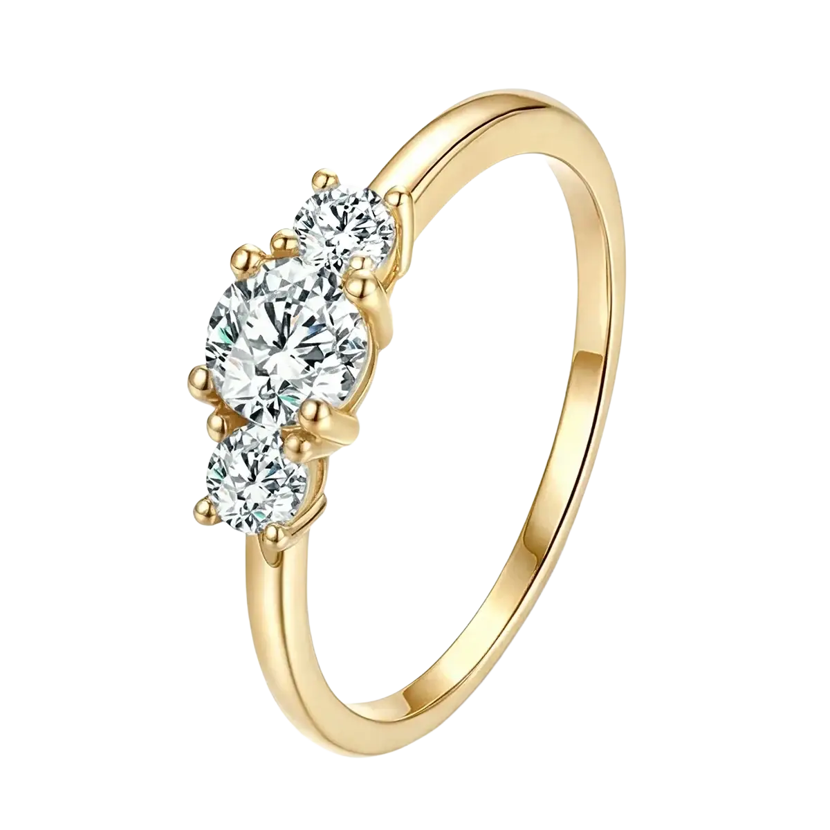 Sterling silver zircon ring for women with gold three-stone round-cut diamond design on polished band