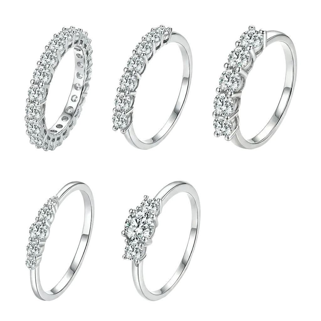 Set of five sterling silver zircon rings for women featuring various diamond arrangements including eternity bands
