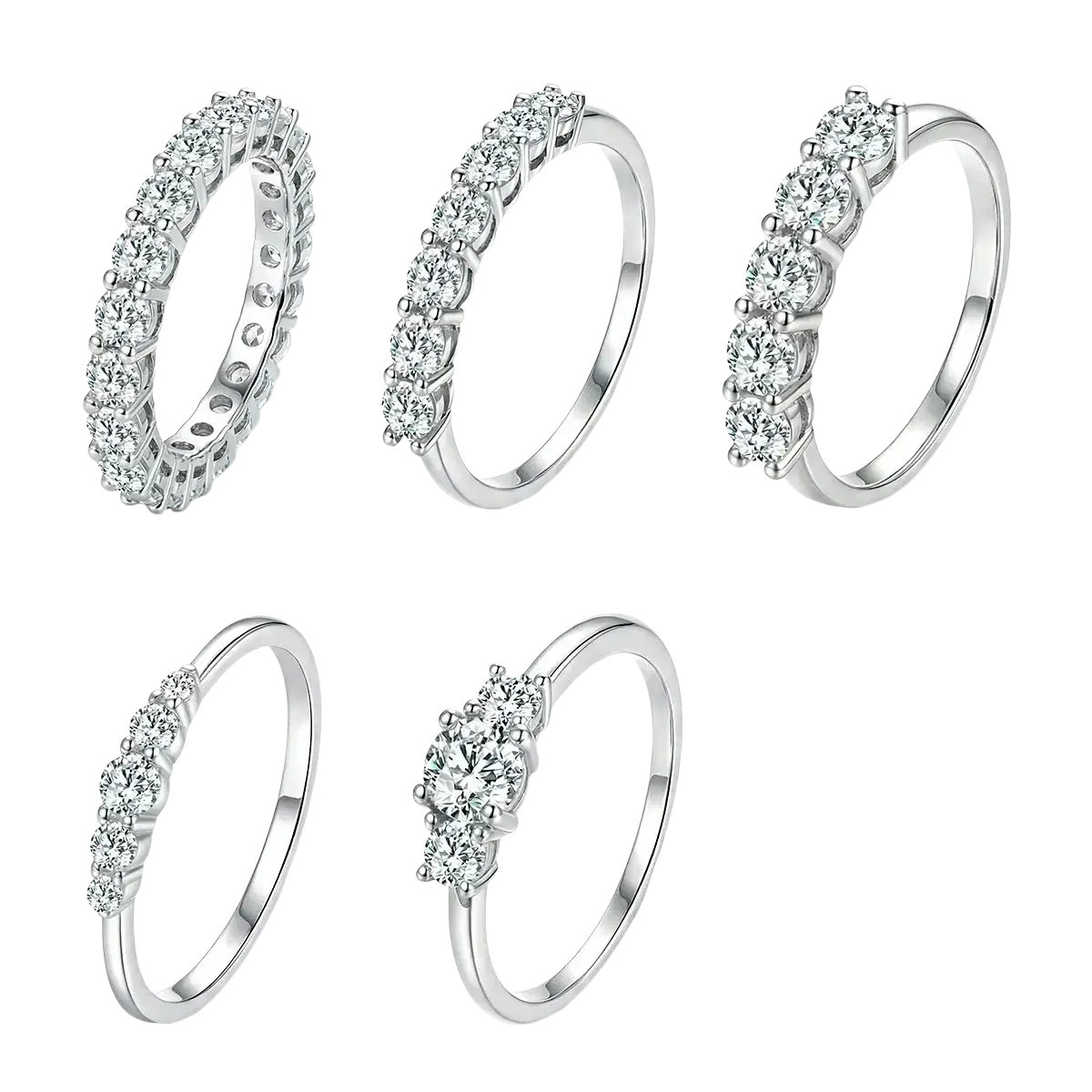 Set of five sterling silver zircon rings for women featuring various diamond arrangements including eternity bands