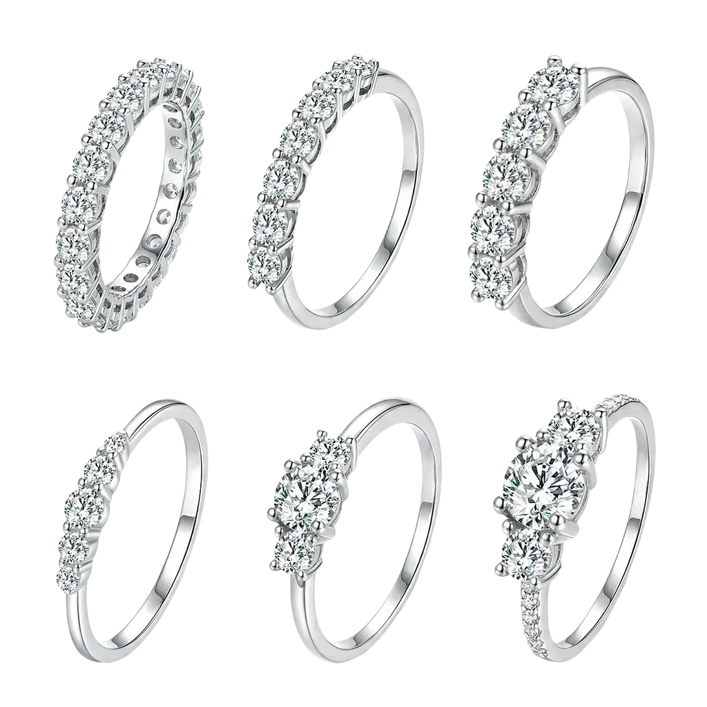 Sterling silver zircon ring for women featuring six elegant silver rings with sparkling clear gemstones in various settings