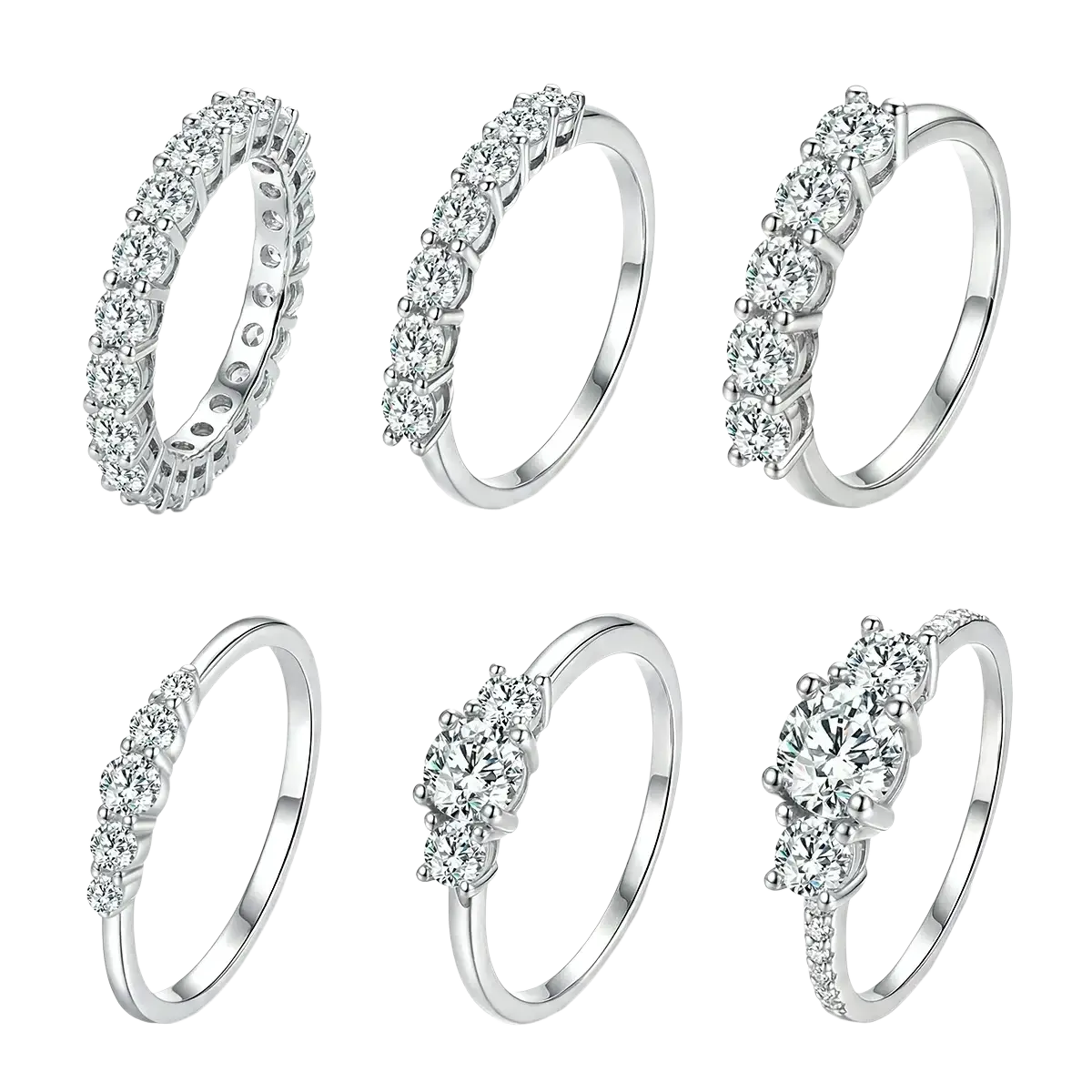 Sterling silver zircon ring for women featuring six elegant silver rings with sparkling clear gemstones in various settings