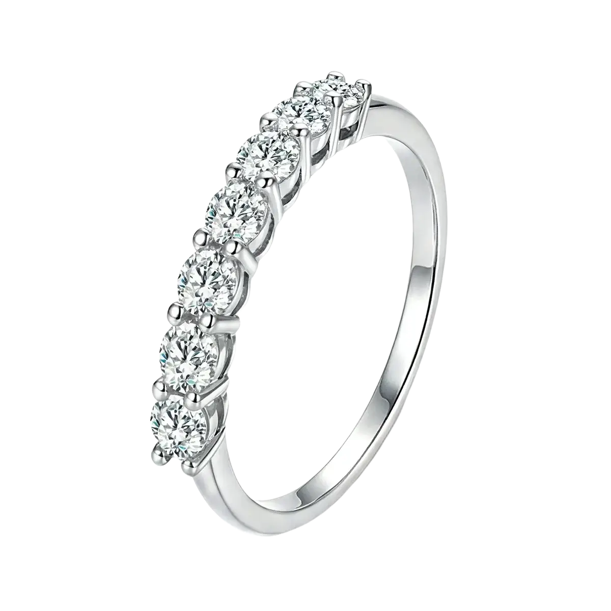 Sterling silver zircon ring for women with a sleek silver band featuring seven round-cut diamonds in a continuous line