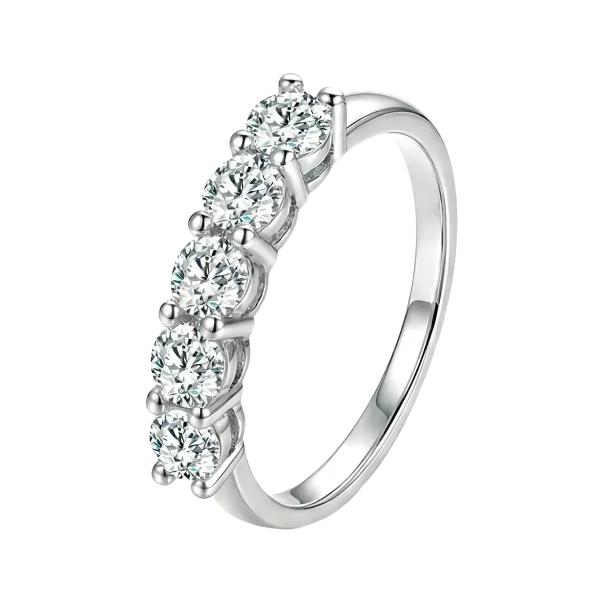 Sterling silver zircon ring for women featuring a sleek silver band with five round diamonds in a prong setting