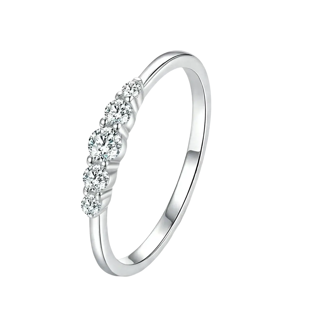 Sterling silver zircon ring for women with a sleek silver band featuring five round-cut clear gemstones in prong setting