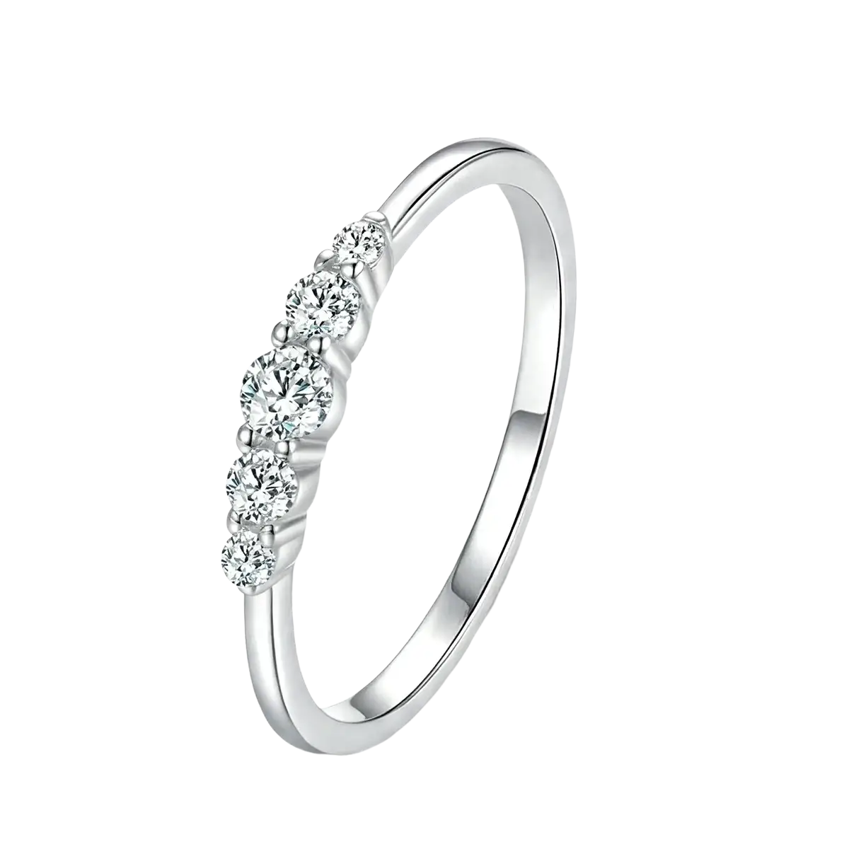 Sterling silver zircon ring for women with a sleek silver band featuring five round-cut clear gemstones in prong setting