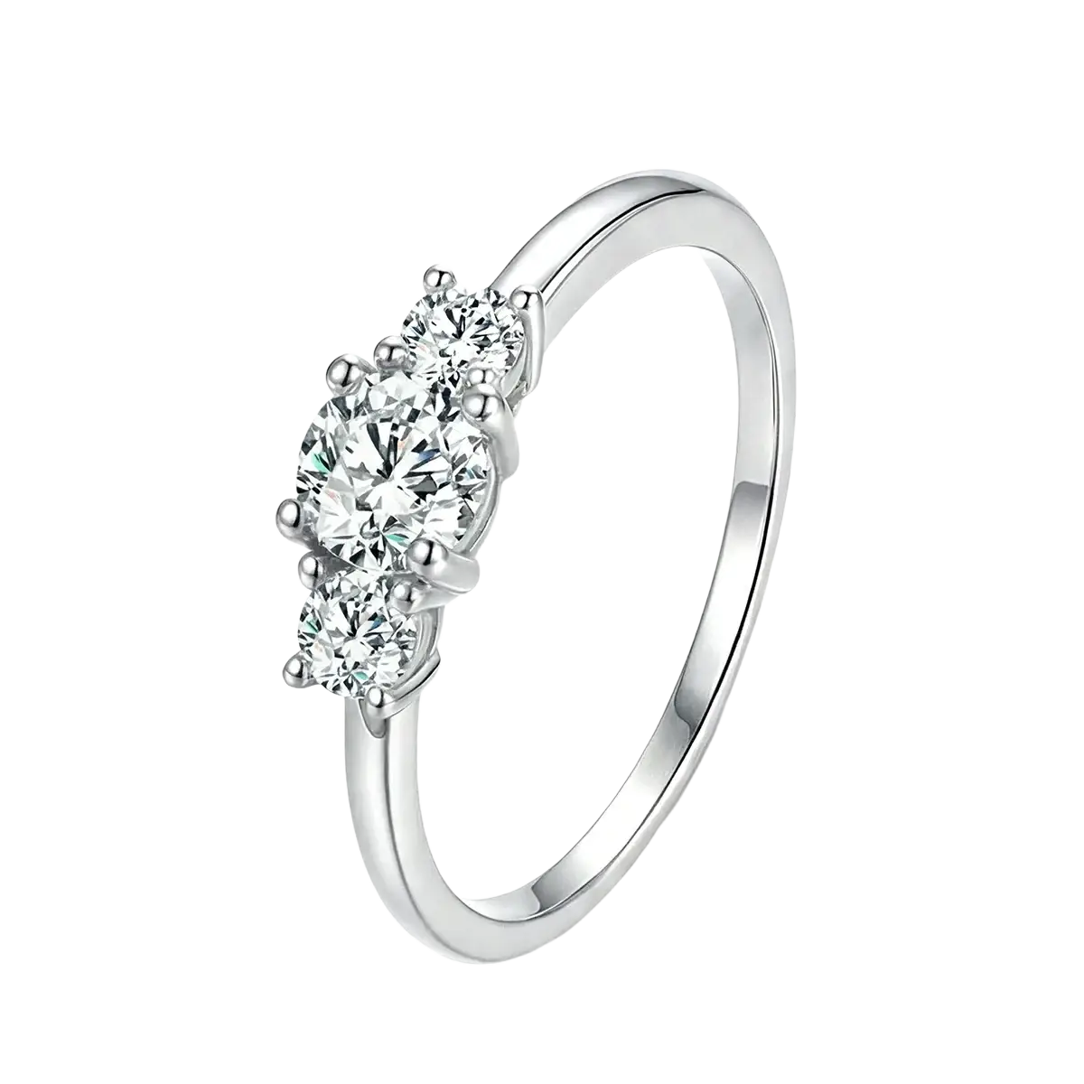 A sterling silver zircon ring for women featuring a sleek silver band with three sparkling round-cut diamonds