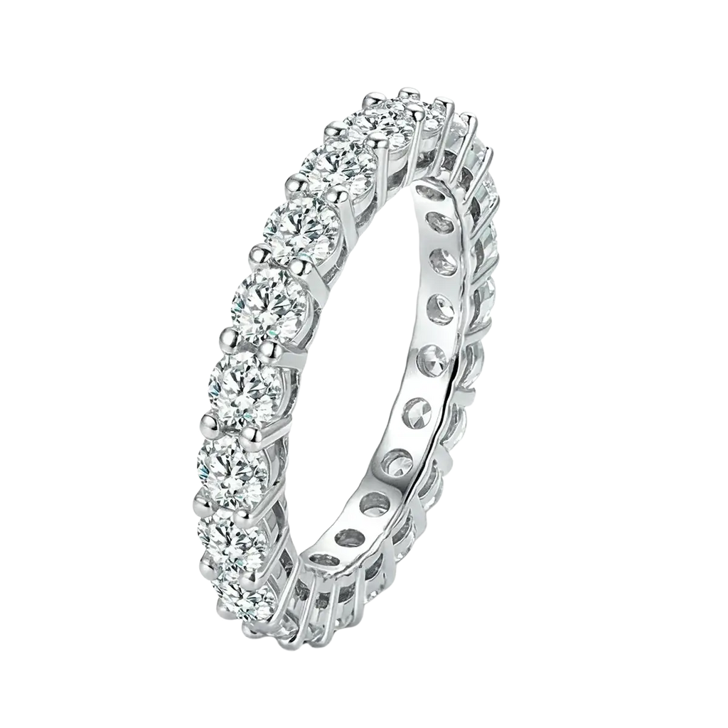 Sterling silver zircon ring for women featuring a sleek silver eternity band with round-cut diamonds in prong setting