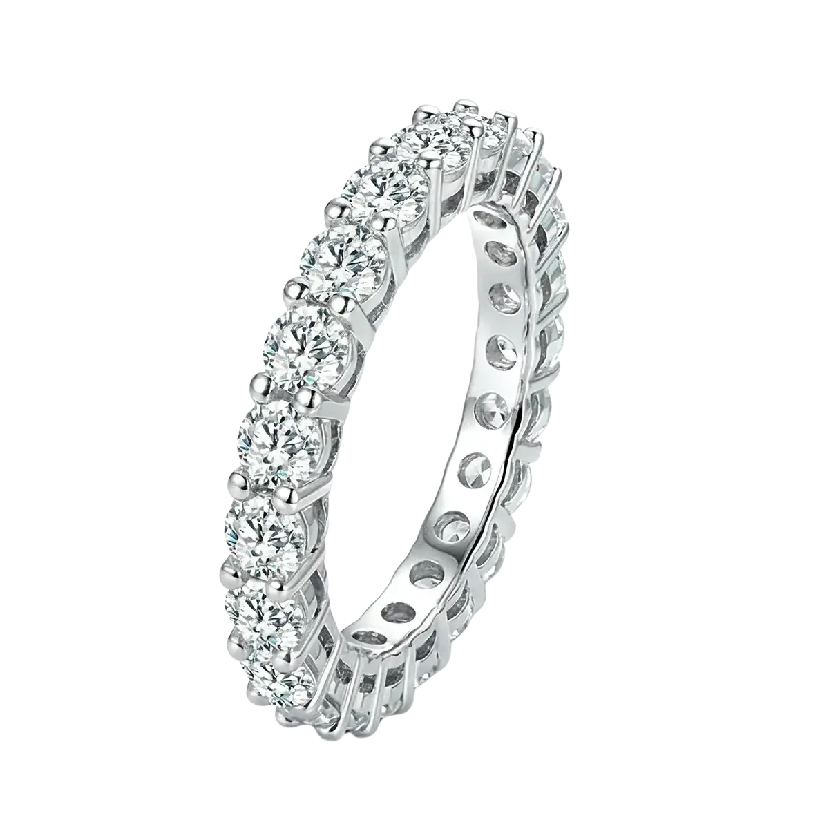 A sleek silver sterling silver zircon eternity band ring for women with round-cut diamonds in a prong setting