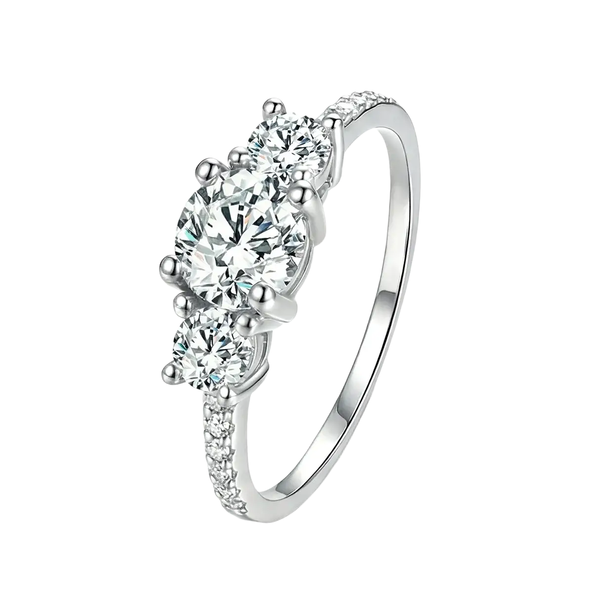 Sterling silver zircon ring for women with a sleek silver three-stone diamond design and pavé diamond accents on the band