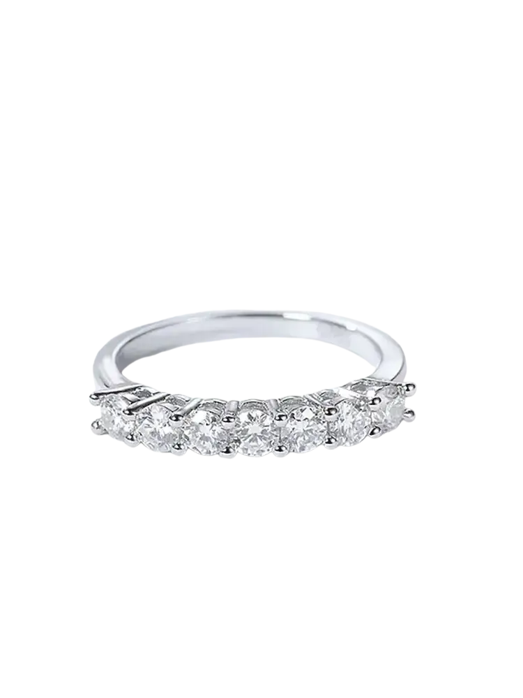 Sterling silver zircon wedding band for women with a sleek silver band featuring five round-cut clear stones in a line
