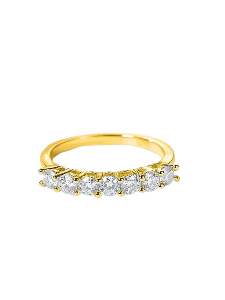 Sterling silver zircon wedding band for women with a sleek gold band and five round-cut clear stones in prong setting