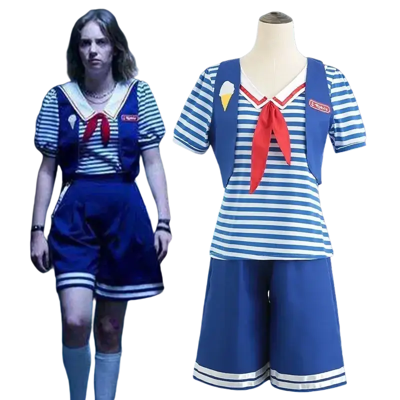 Steve Harrington sailor cosplay costume mainland china featuring blue and white striped vest with red neckerchief and shorts