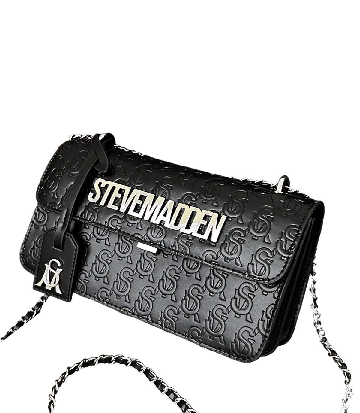 Black Steve Madden quilted crossbody bag with embossed logo pattern and silver chain strap for stylish carrying