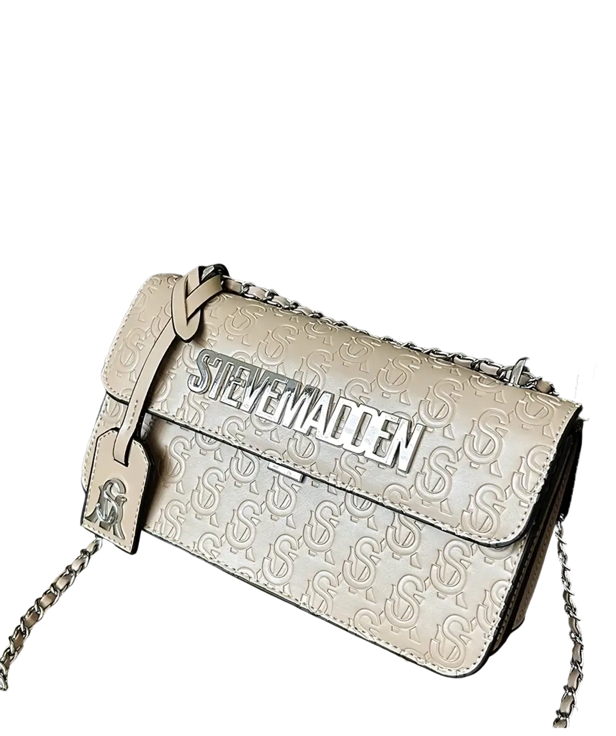Cream-colored leather steve madden quilted crossbody bag with embossed logo pattern and silver-tone hardware