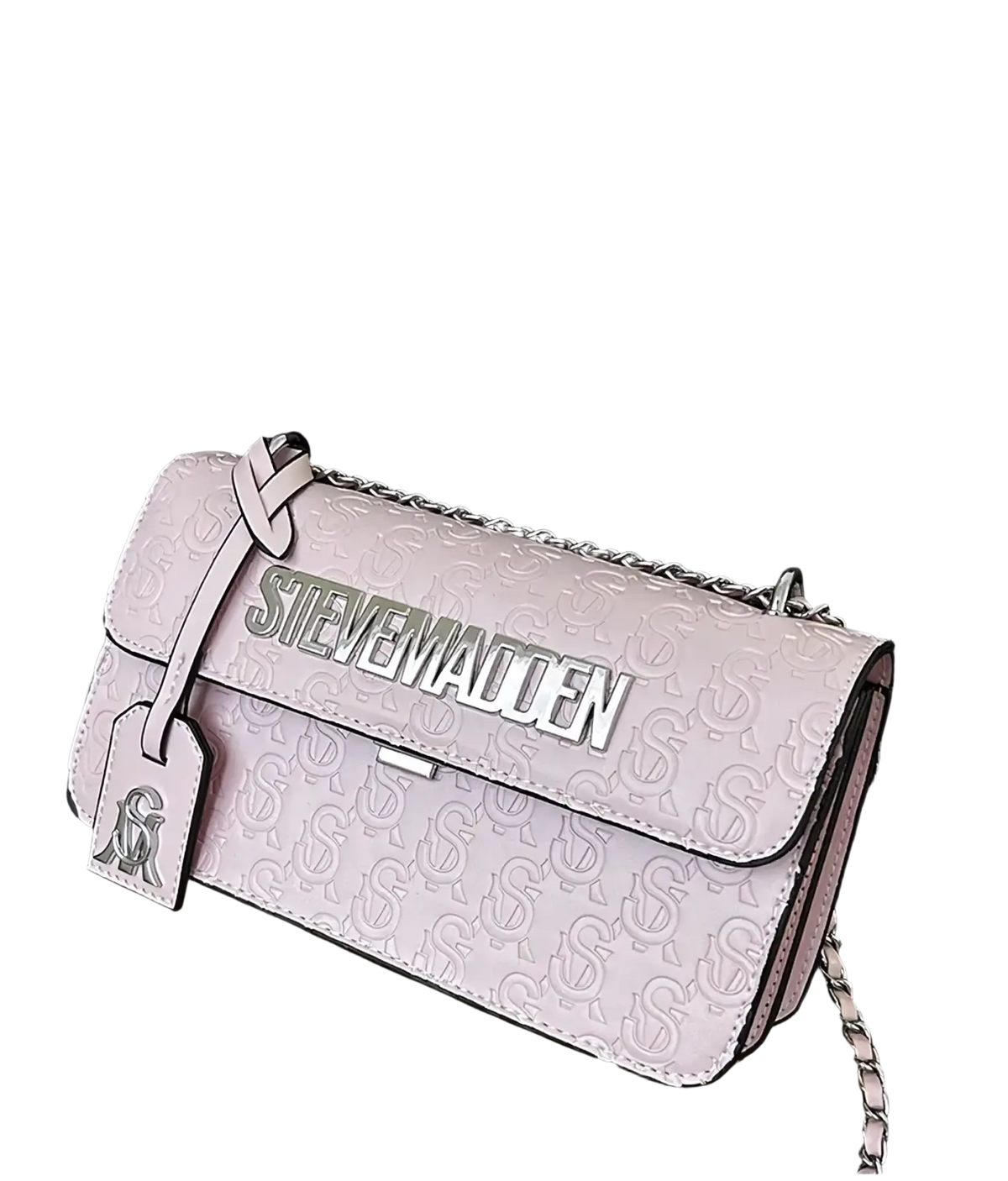 A light pink steve madden quilted crossbody bag with embossed logo pattern silver-tone branding and chain strap