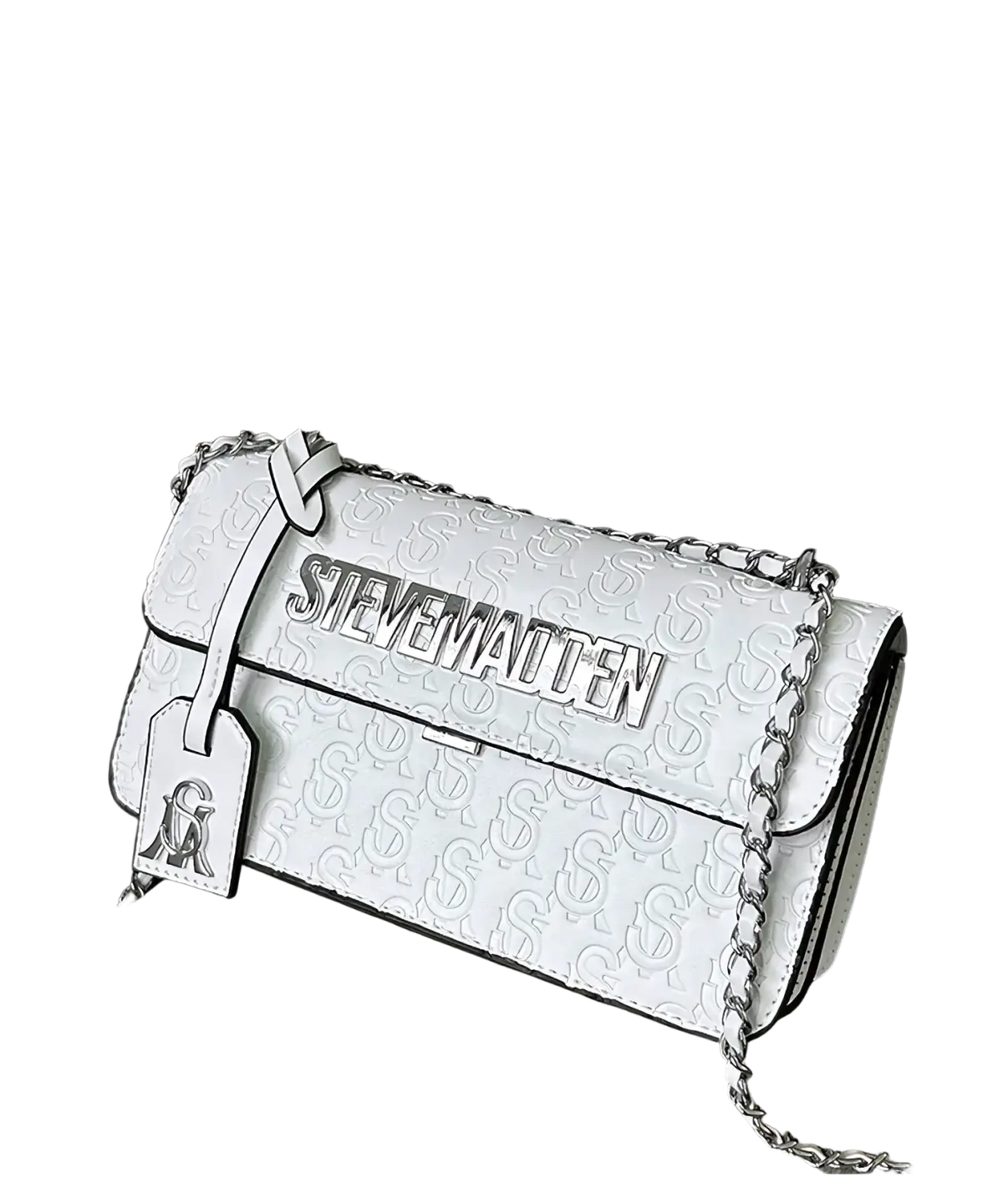 Steve Madden quilted crossbody bag in white leather with silver-tone chain strap and embossed logo detailing