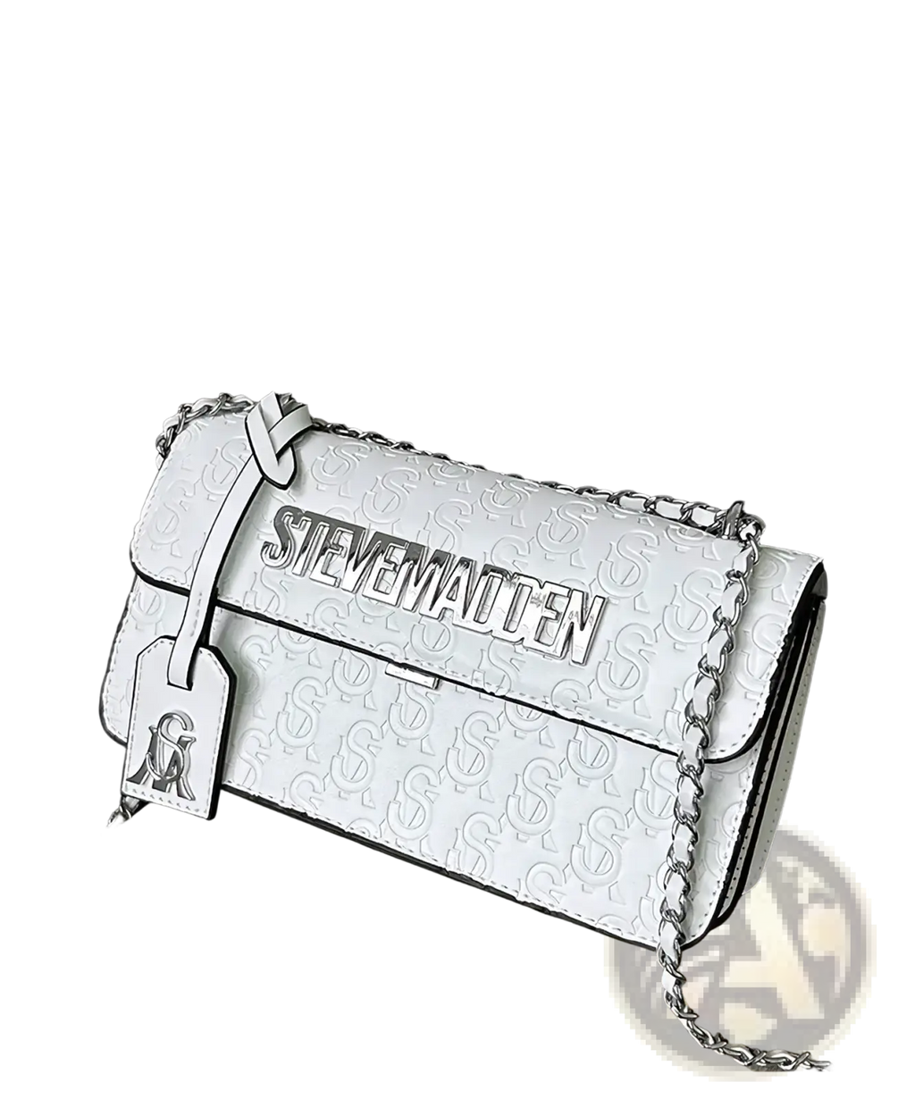 Steve Madden quilted crossbody bag in white leather with silver-tone chain strap and embossed logo detailing