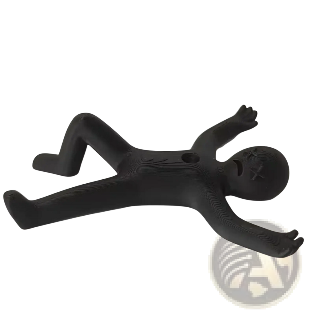 Black 3d-printed stick figure pen holder desk organizer with x-shaped eyes and visible layer lines lying on its back