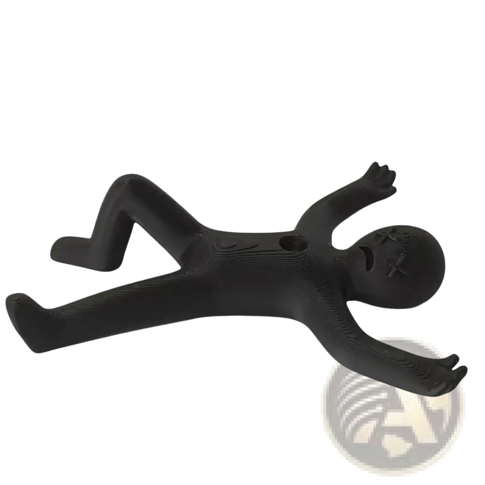 Black matte-finished stick figure pen holder desk organizer in stylized human form lying on its back with splayed limbs