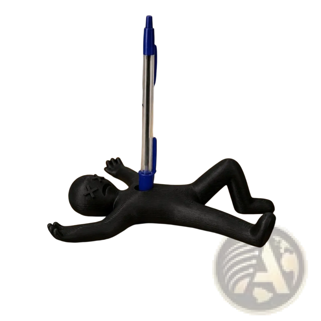Black plastic stick figure pen holder desk organizer shaped like a sleeping figure holding a blue ballpoint pen upright
