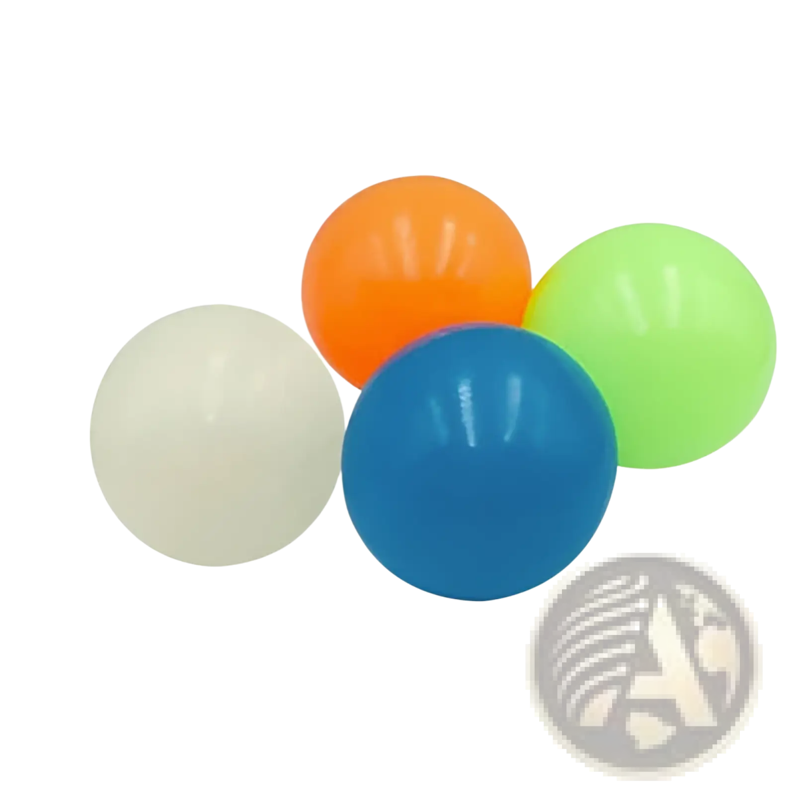 Set of four 65mm glow-in-the-dark orange blue green and white plastic sticky wall ball stress relief glow squash toys