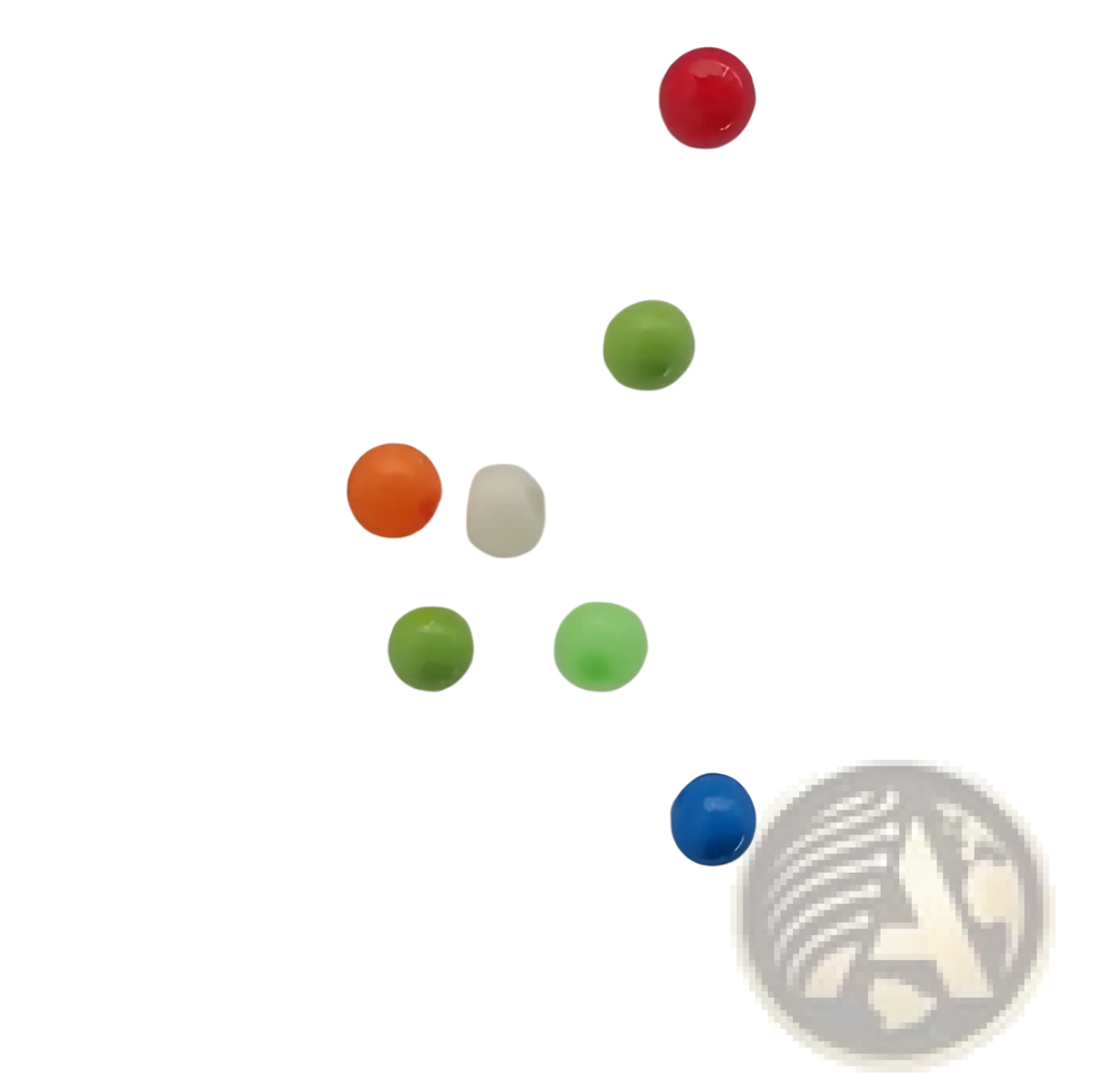 A collection of colorful glossy plastic beads in red orange green white and blue for sticky wall ball stress relief toys