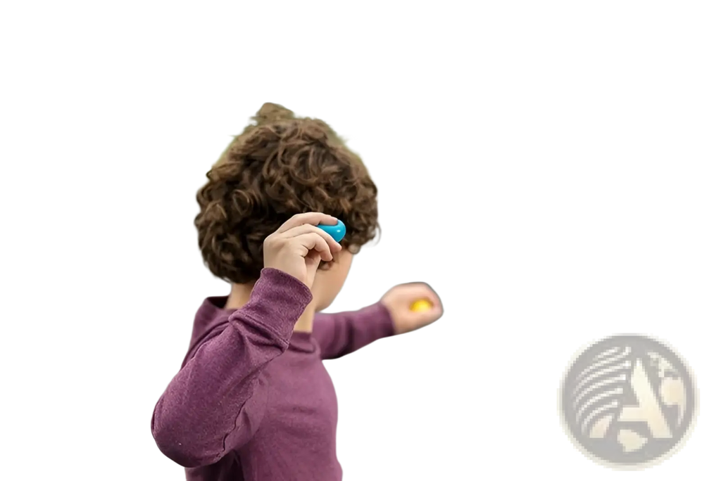 A child with curly brown hair holds a small bright blue sticky wall ball stress relief glow squash toy