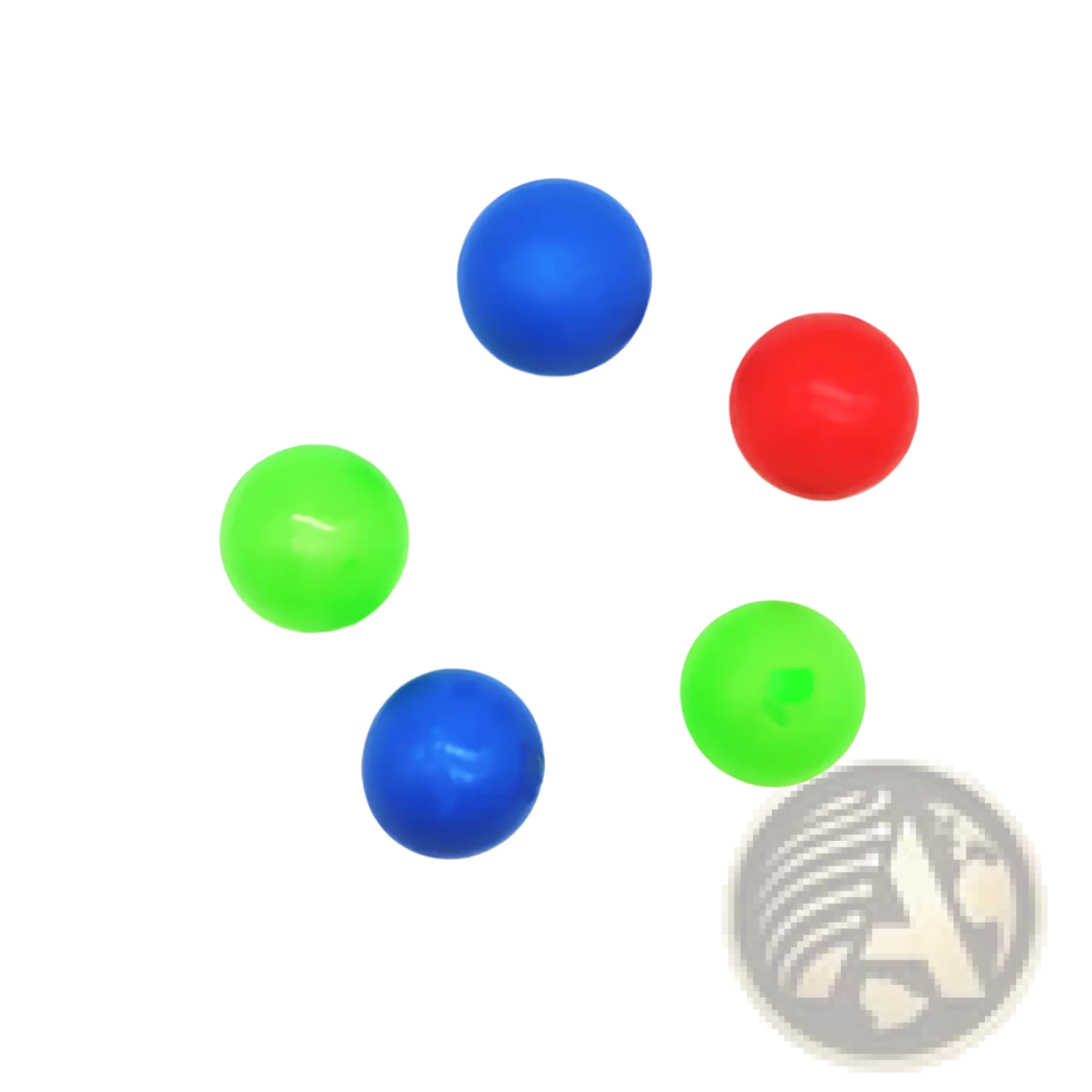 Five colorful sticky wall ball stress relief glow squash toys in blue red and neon green made of plastic