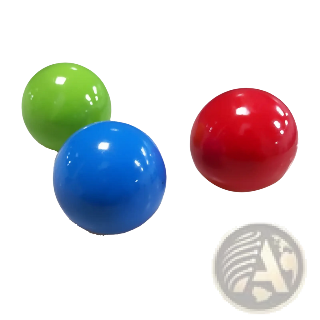 Three glossy plastic sticky wall ball stress relief glow squash toys in vibrant green blue and red colors