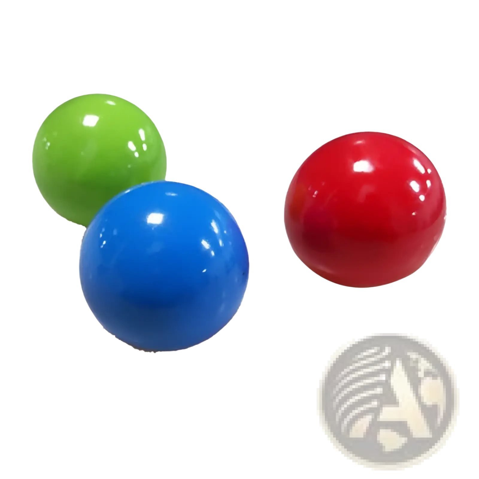 Three glossy plastic sticky wall ball stress relief glow squash toys in vibrant green blue and red colors
