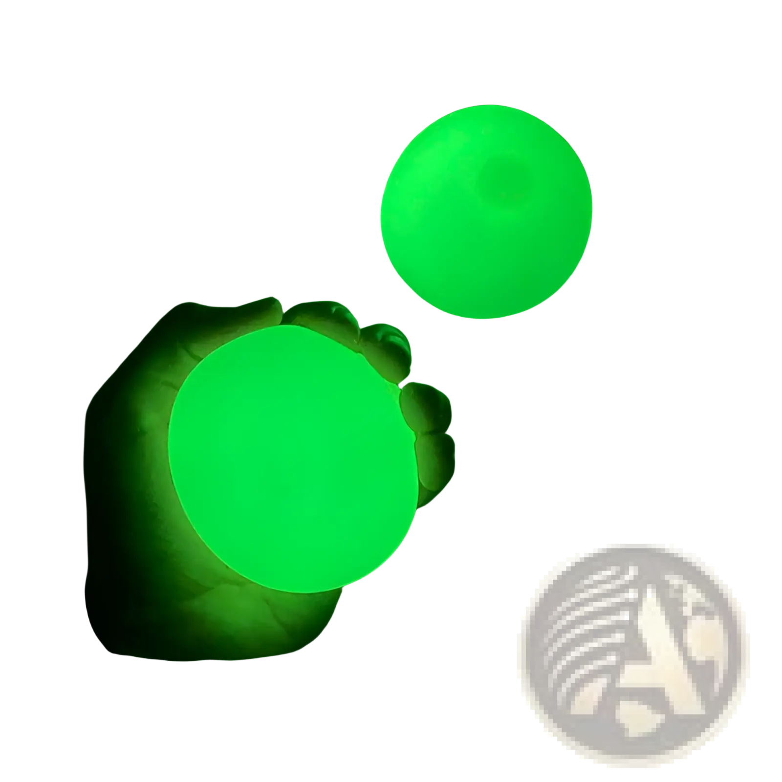 Two glowing green sticky wall ball stress relief squash toys shown with one held in a hand and another floating nearby