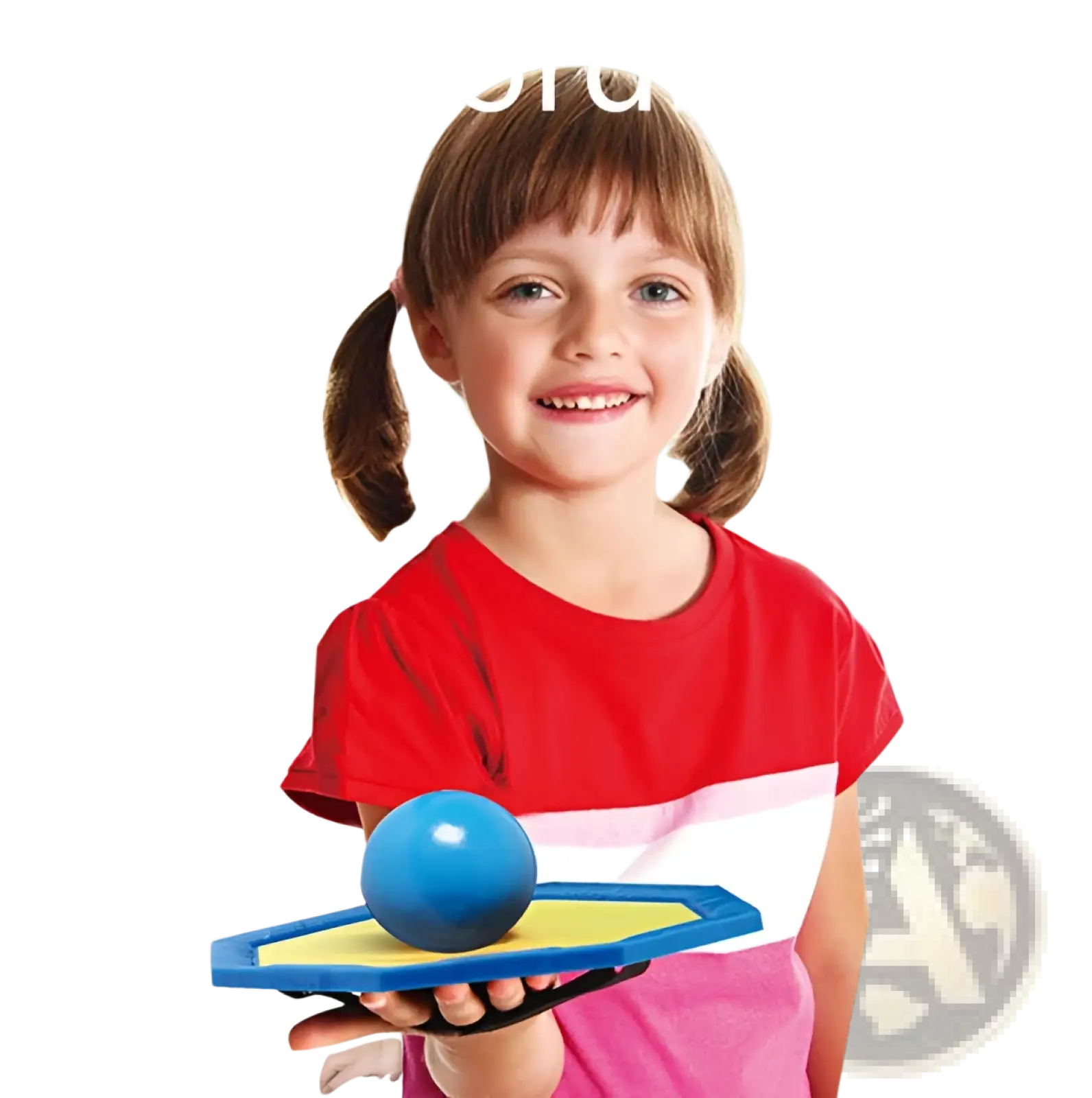 Blue spherical sticky wall ball stress relief squash toy resting on blue and yellow hexagonal tray for sensory play