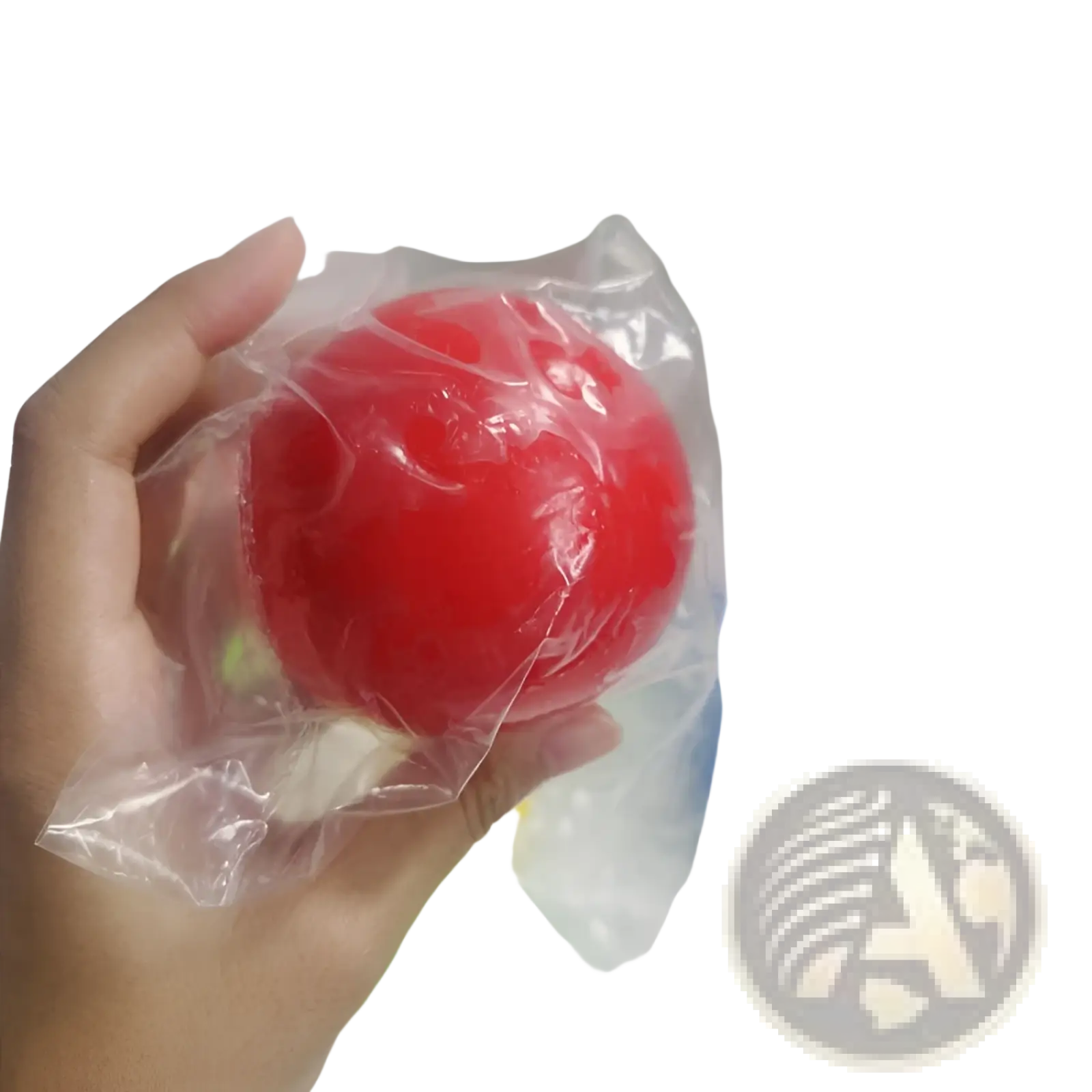 A vibrant red 45mm squishy stress ball made of sticky material in clear plastic packaging for stress relief