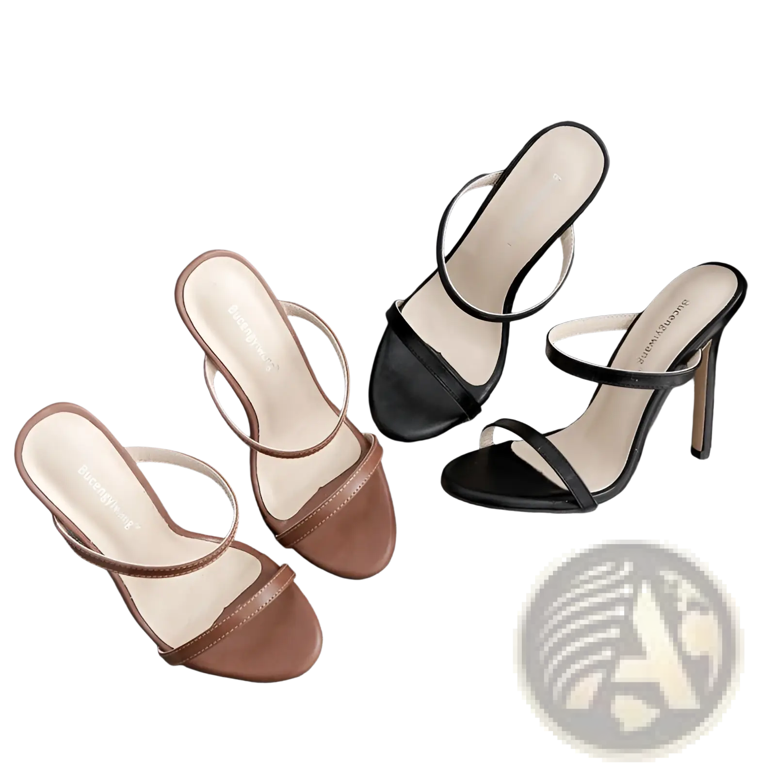 Brown and black leather strap stiletto sandals with a sleek minimalist design for elegant occasions