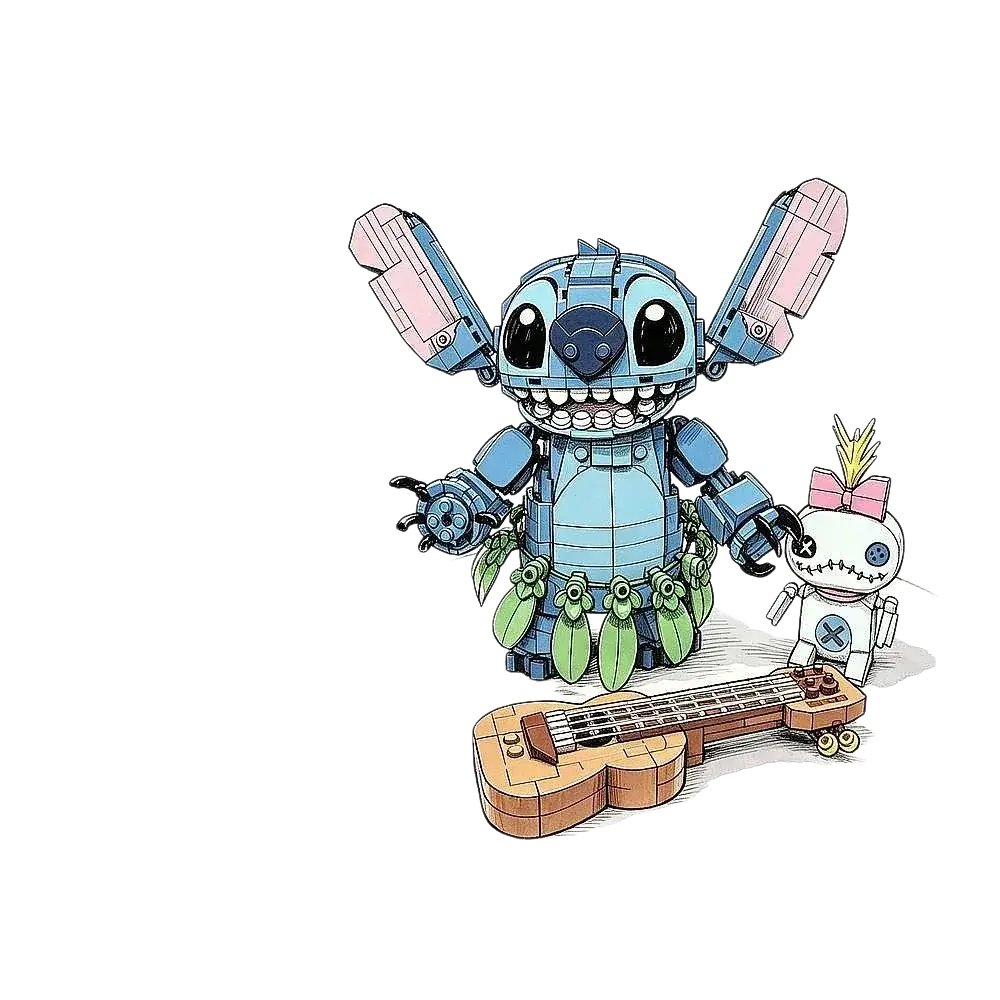Blue lego stitch building blocks toy with pink and blue arms and green leafy belt beside white doll and ukulele for recommend age