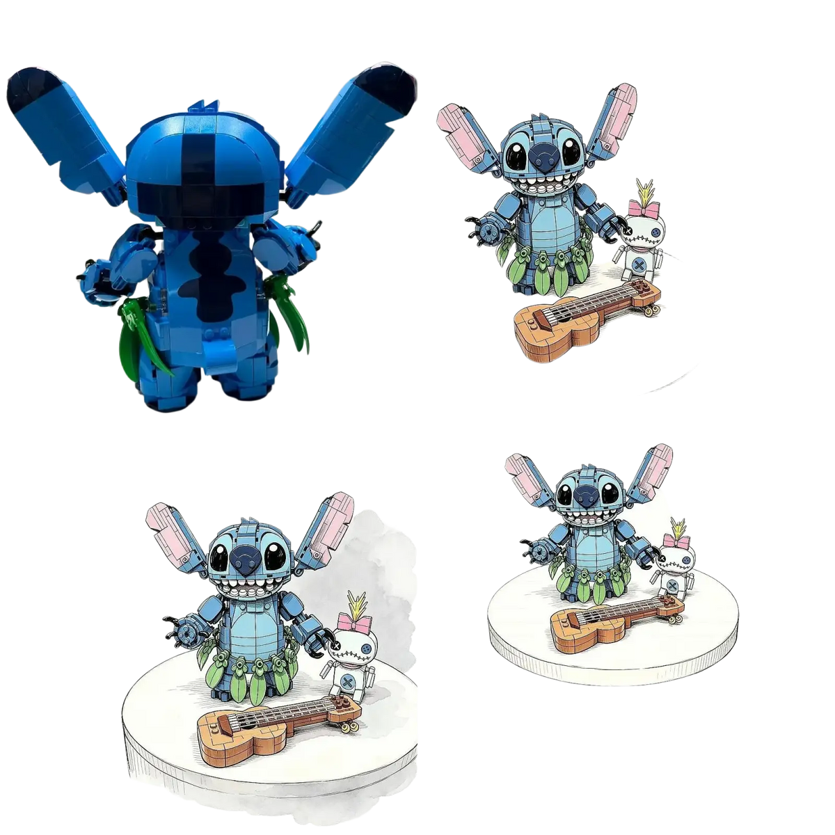 Blue stitch building blocks toy with black torso and green leafy accessories compatible with lego recommend age 6+ mainland china safe high-concerned chemical standards
