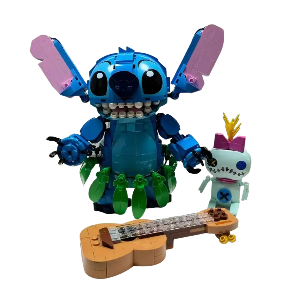 Stitch building blocks toy compatible with lego features blue and pink figure with green leafy skirt holding tan ukulele