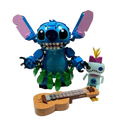 Stitch building blocks toy compatible with lego features blue and pink figure with green leafy skirt holding tan ukulele