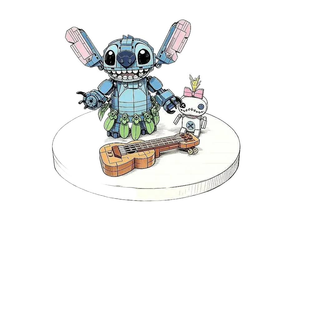 Blue robotic stitch building blocks toy with pink wings and green skirt, accompanied by small white robot, recommend age appropriate
