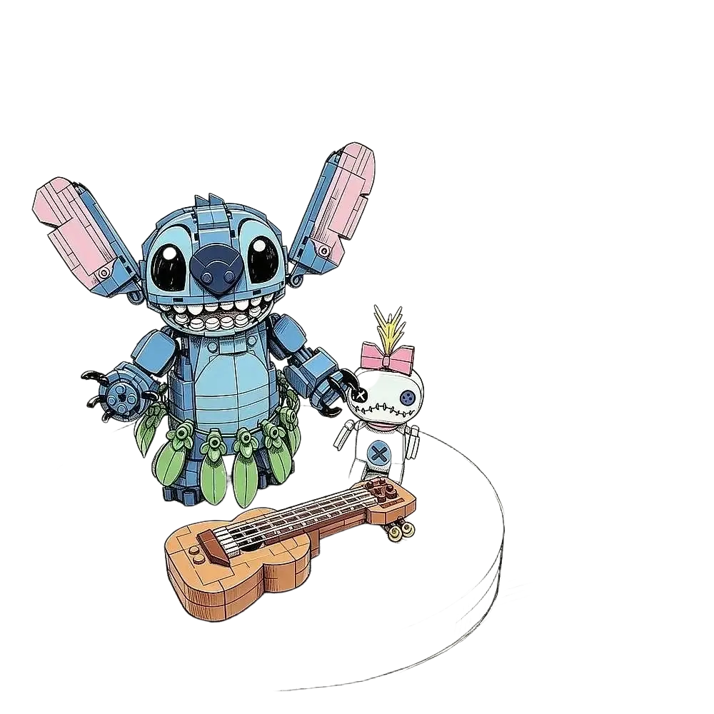 Blue robotic stitch building blocks toy with pink accents and green leafy skirt next to stitched doll and wooden ukulele recommend age included