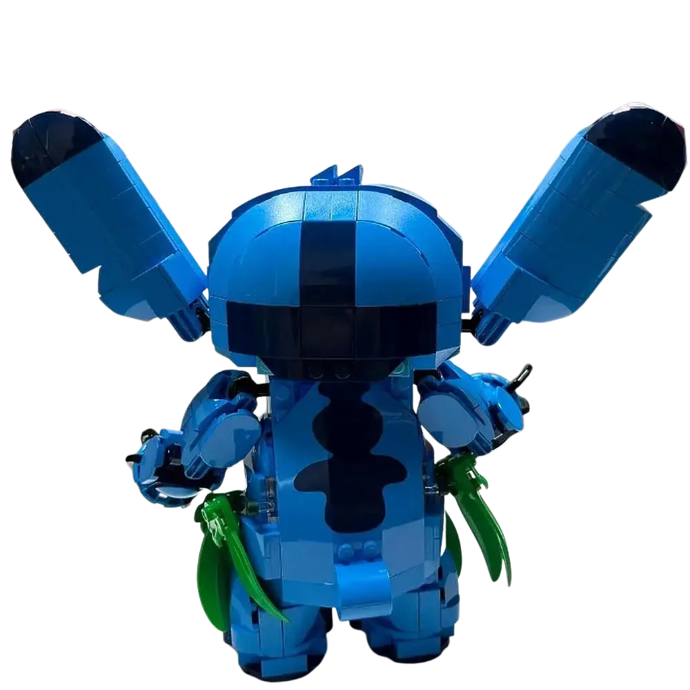 Blue lego-style stitch building blocks toy with black accents and green leaf appendages recommended age 6+ mainland china