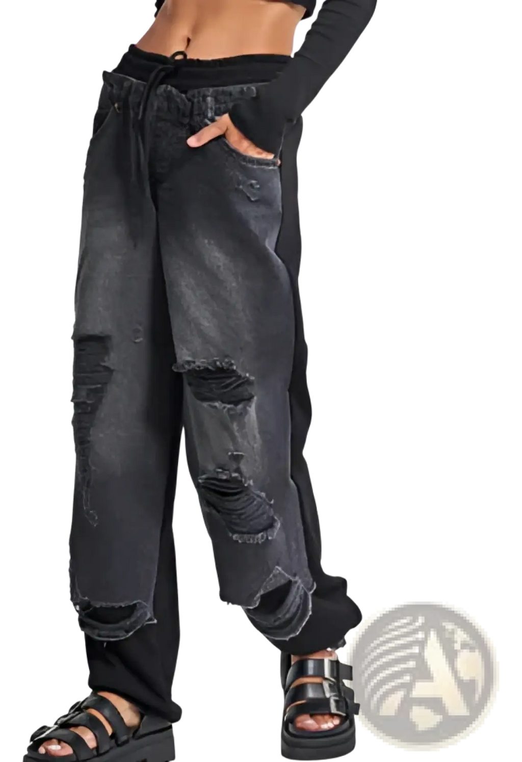 Black distressed denim joggers with drawstring waist and frayed hems from stitched contrast denim streetwear jeans collection