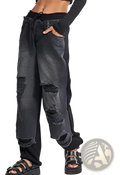 Black distressed denim joggers with drawstring waist and frayed hems from stitched contrast denim streetwear jeans collection