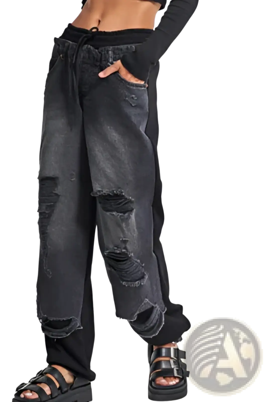 Black distressed denim joggers with drawstring waist and frayed hems from stitched contrast denim streetwear jeans collection