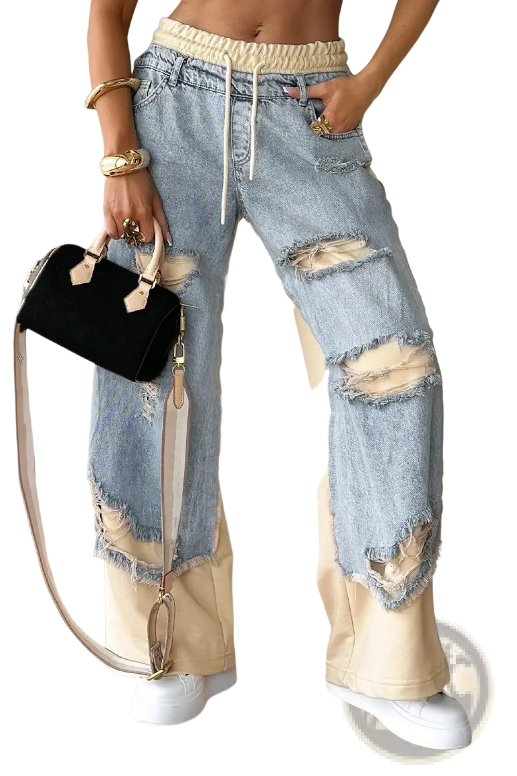 Light-wash denim streetwear jeans with distressed ripped details and a contrasting beige panel at the bottom