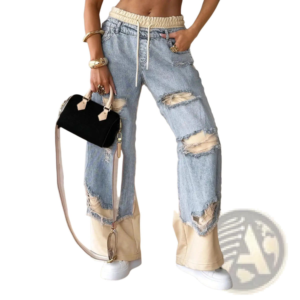 Light-wash denim streetwear jeans with distressed ripped patches and contrasting beige elastic waistband